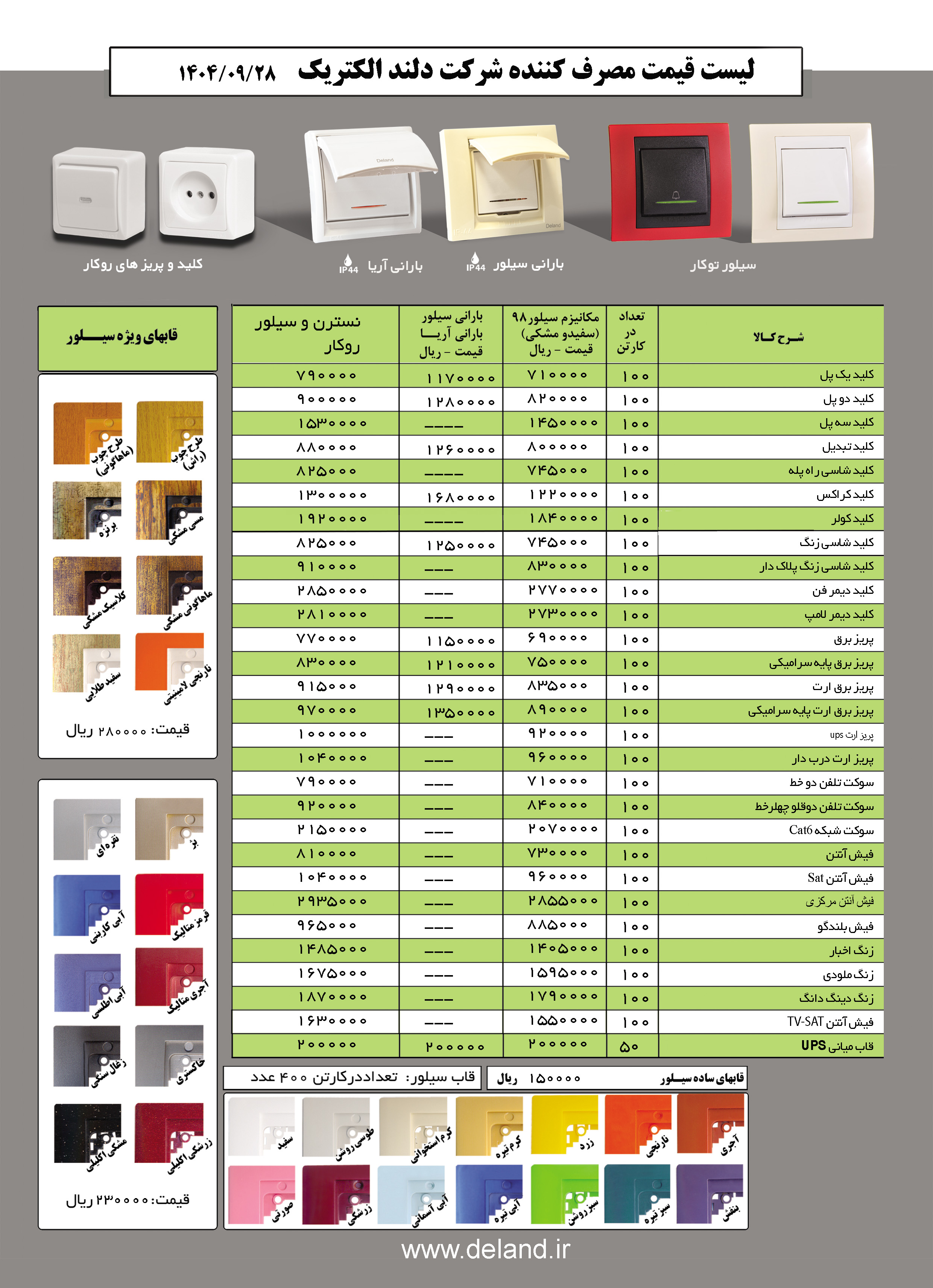 لیست قیمت محصولات دلندالکتریک (1404/09/27)