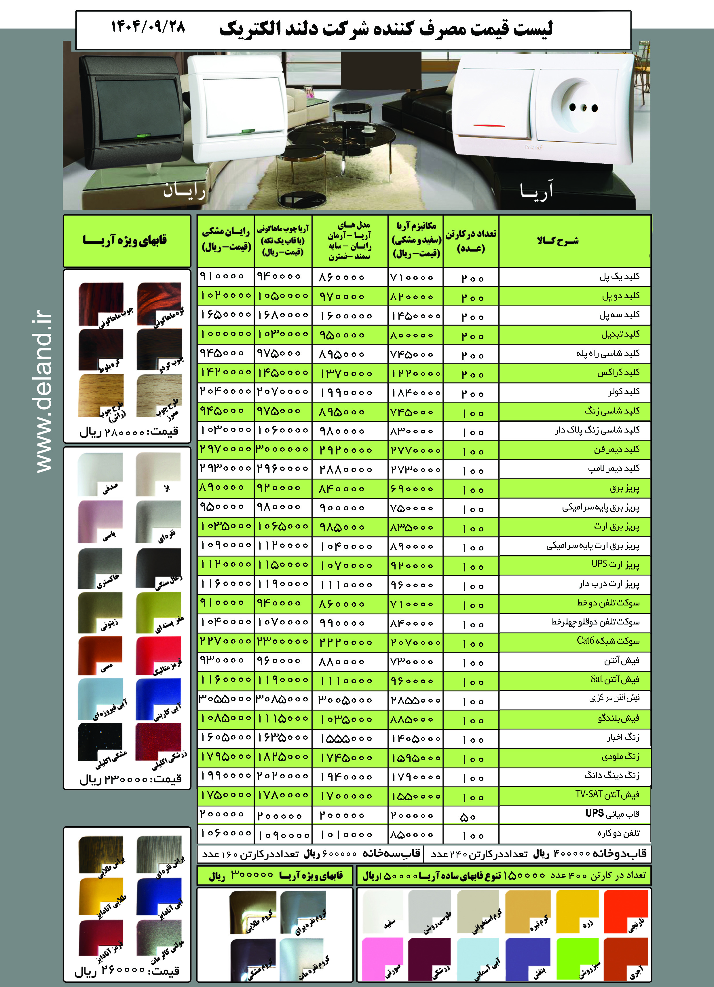 لیست قیمت محصولات دلندالکتریک (1404/09/27)